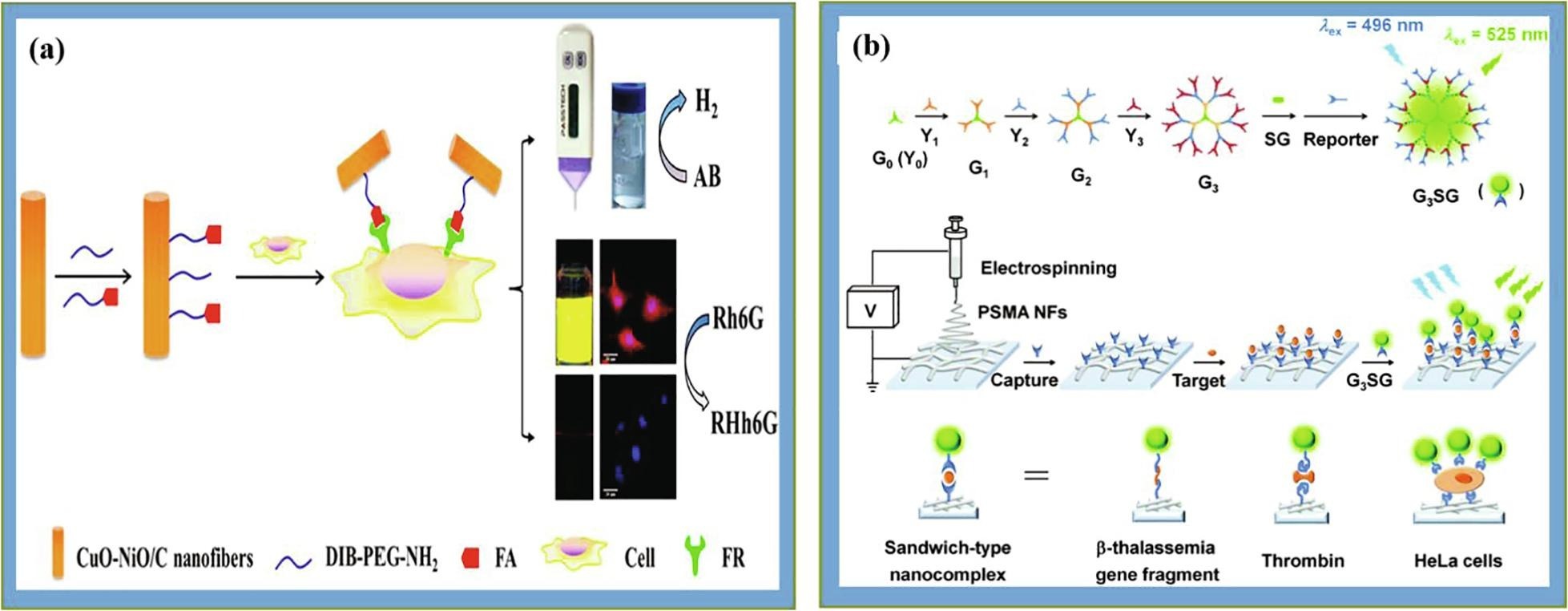 Evolution of Electrospun Nanofibers Fluorescent and Colorimetric Sensors for Environmental Toxicants, pH, Temperature, and Cancer Cells–A Review with Insights on Applications
