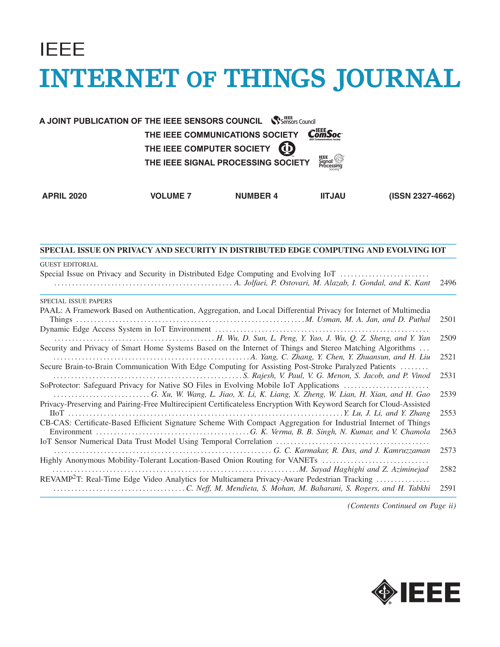 IEEE Internet of Things Journal  Volume: 7, Issue: 1, Jan. 2020 